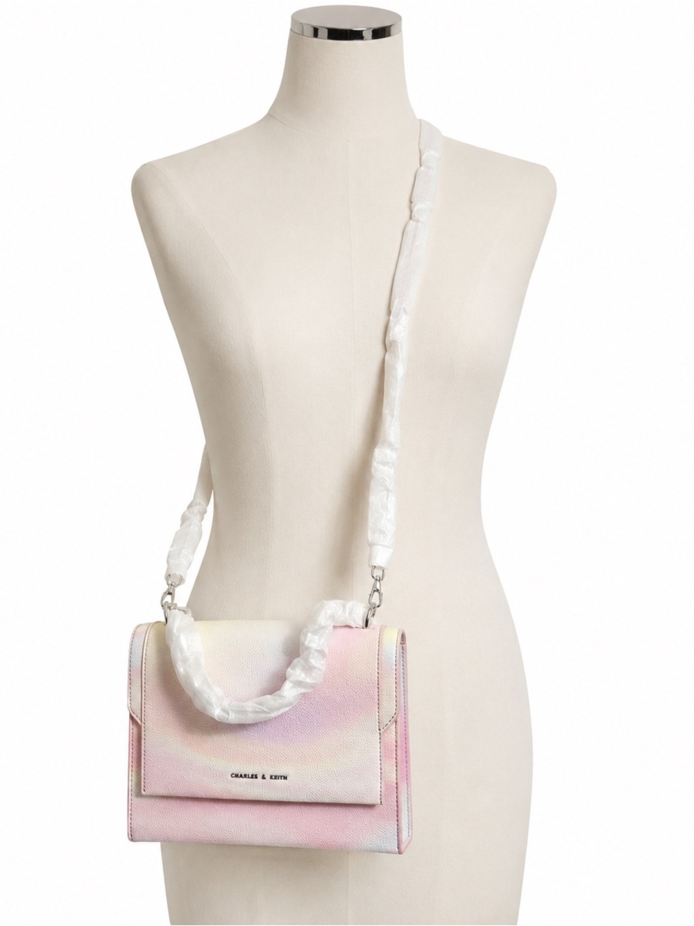 CHARLES & KEITH PASTEL PINK TIE DYE SILVER TONE CHAIN FAUX LEATHER CROSSBODY NWT